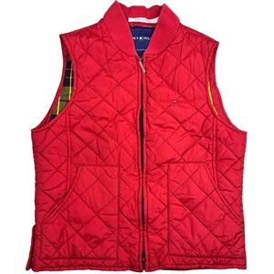 VTG Tommy Hilfiger Red Quilted Vest Yellow Plaid Lined Pockets *see‎ pics*